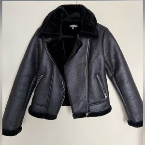 Black faux leather aviator jacket